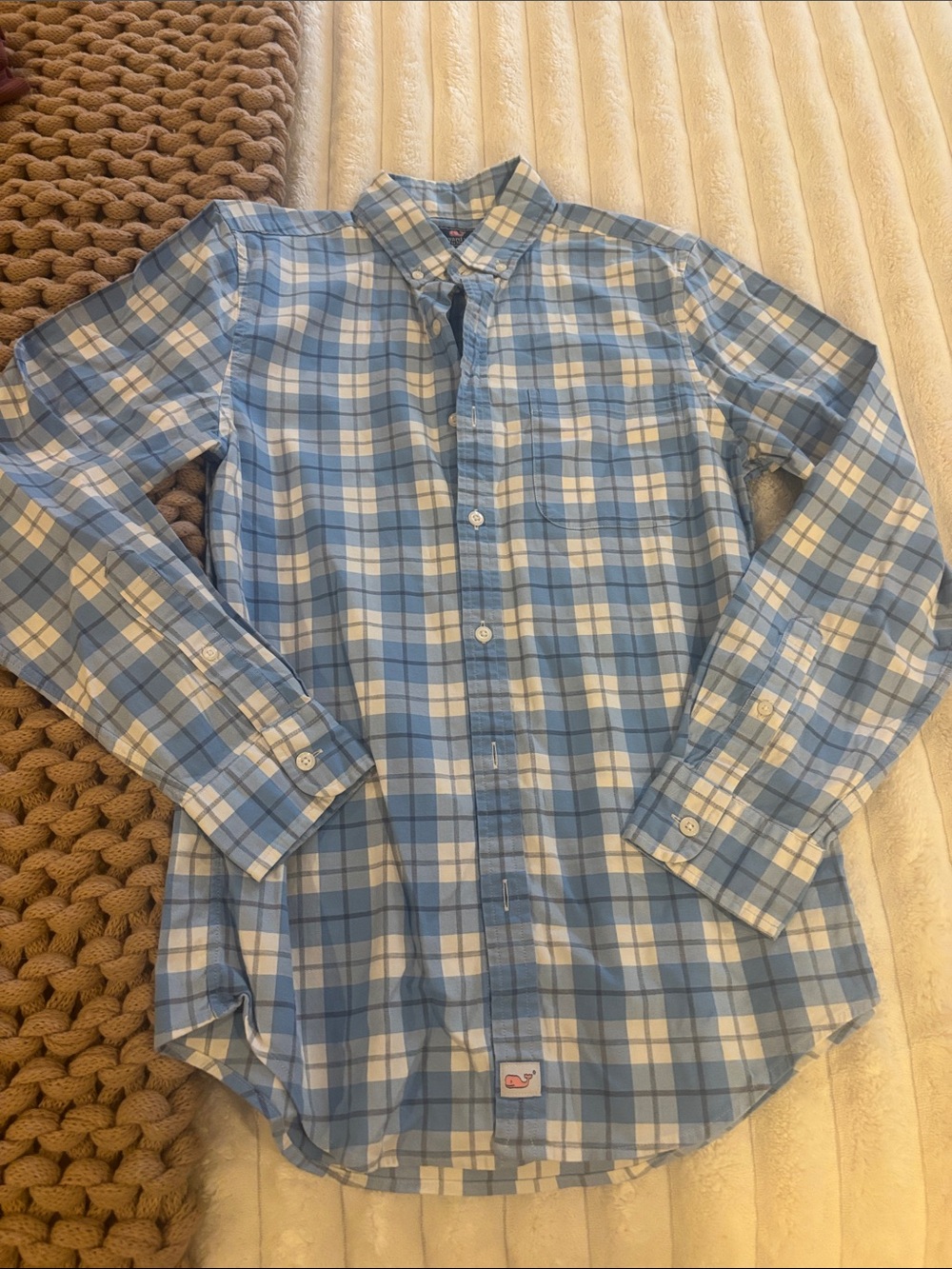Vineyard Vines Blue and White Plaid Button-Down Shirt boys m